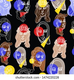 Seamless pattern with single line portrait . Modern minimalistic line art. Vector.