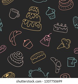 Seamless pattern with a single line of sweets, ice cream, desserts, cakes and drinks. Vector illustration in hand drawn style.