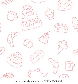 Seamless pattern with a single line of sweets, ice cream, desserts, cakes and drinks. Vector illustration in hand drawn style.