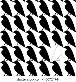 Seamless pattern with single white crow among black crows. Dissimilar concept. Stylized simple contour shape. 