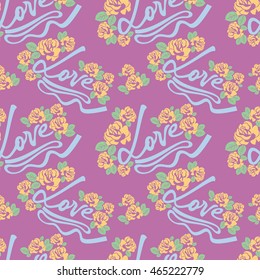 Seamless pattern with single word "love" and roses silhouettes. Original custom hand lettering. Vector clip art.