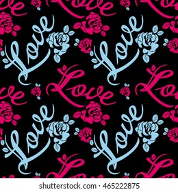 Seamless pattern with single word "love" and roses silhouettes. Original custom hand lettering. Vector clip art.