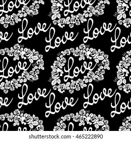 Seamless pattern with single word "love" and roses silhouettes. Original custom hand lettering. Vector clip art.