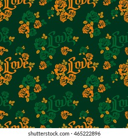 Seamless pattern with single word "love" and roses silhouettes. Original custom hand lettering. Vector clip art.