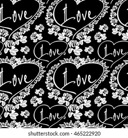 Seamless pattern with single word "love" and roses silhouettes. Original custom hand lettering. Vector clip art.