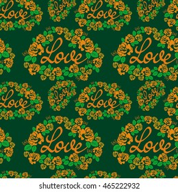 Seamless pattern with single word "love" and roses silhouettes. Original custom hand lettering. Vector clip art.