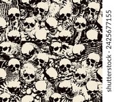 Seamless pattern with sinister human skulls against the background of the texture of stones, shells, ammonites. Monochrome vector background with realistic skulls and paint spots in grunge style.