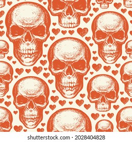 Seamless pattern with sinister human skulls and cute hearts in retro style. Vector background with orange hand-drawn skulls on a beige. Graphic print for clothing, fabric, wallpaper, wrapping paper