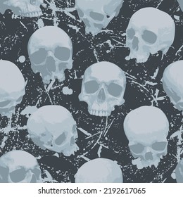 Seamless pattern with sinister human skulls in cobweb. Monochrome vector background with realistic skulls and paint spots in grunge style. Graphic print for wallpaper, wrapping paper, fabric, clothing