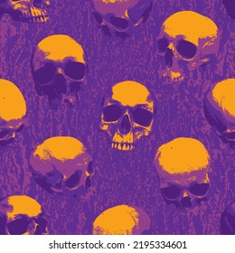 Seamless pattern with sinister human skulls on background of stone texture. Monochrome vector background with realistic skulls and paint spots in grunge style. Graphic print for wallpaper, wrappin