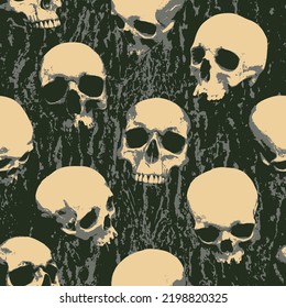 Seamless pattern with sinister human skulls on background of stone texture. Monochrome vector background with realistic skulls and paint spots in grunge style. Graphic print for wallpaper, wrappin