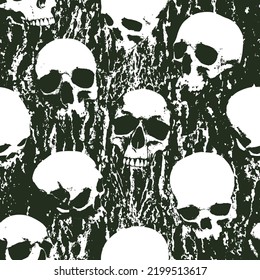 Seamless pattern with sinister human skulls on background of stone texture. Monochrome vector background with realistic skulls and paint spots in grunge style. Graphic print for wallpaper, wrappin