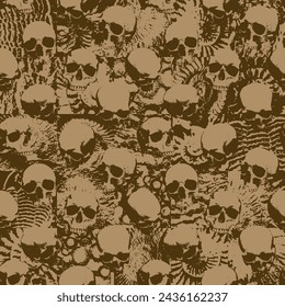 Seamless pattern with sinister human skulls against the background of the texture of stones, shells, ammonites. Monochrome vector background with realistic skulls and paint spots in grunge style.