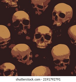 Seamless pattern with sinister realistic skulls looking out of the darkness. Monochrome vector background with white human skulls on a black. Wallpaper, wrapping paper, fabric, clothing graphic print