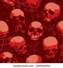 Seamless Pattern With Sinister Red Skulls Looking Out Of The Dark. Vector Background With Human Skulls And Blood Drips In Grunge Style. Graphic Print For Wallpaper, Wrapping Paper, Fabric, Clothing