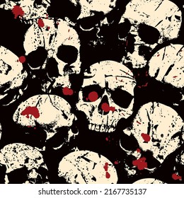 Seamless pattern with sinister skulls looking out of the dark. Vector background with human skulls and blood drips in grunge style. Graphic print for clothing, fabric, wallpaper, wrapping paper