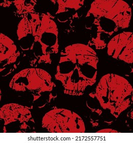 Seamless pattern with sinister skulls looking out of the dark. Vector background with human skulls and blood drips in grunge style. Graphic print for clothing, fabric, wallpaper, wrapping paper