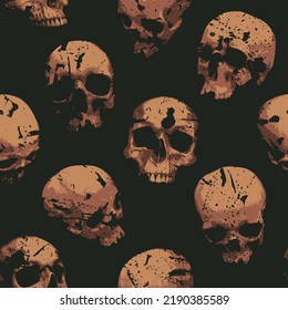 Seamless pattern with sinister skulls looking of the dark. Vector background with human skulls and black stains in grunge style. Graphic print for wallpaper, wrapping paper, clothing. Halloween design