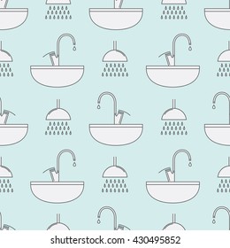 Seamless pattern with sink and shower head. Thin line icon. Vector illustration. Graphic, simple, isolated, outline.