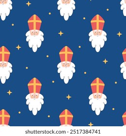 Seamless pattern with Sinterklaas face on dark blue background. Saint Nicholas Day theme. Christmas or winter holiday wallpaper with hand drawn character. Vector illustration.