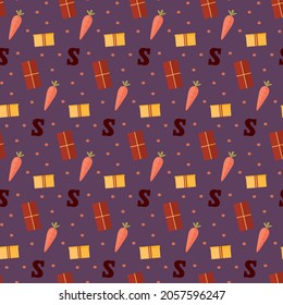 seamless pattern Sinterklaas present carrot chocolate letter on purple background Dutch holiday vector wallpaper textile giftwrap