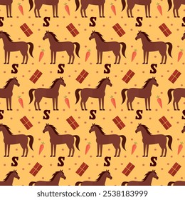 padrão sem costura Sinterklaas presente carta de chocolate cavalo de cenoura no fundo amarelo holandês feriado vetor papel de parede têxtil giftwrap