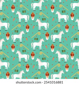 patrón sin costuras Sinterklaas presente zanahoria caballo palo personal sobre fondo azul holandés Vector de vacaciones Fondo de pantalla textil giftwrap