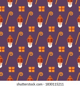 seamless pattern Sinterklaas present stick staff on purple background Dutch holiday vector wallpaper textile giftwrap