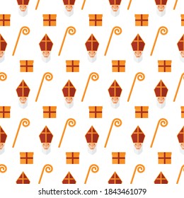 seamless pattern Sinterklaas present stick staff on white background Dutch holiday vector wallpaper textile giftwrap