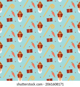 seamless pattern Sinterklaas present stick staff carrot on blue background Dutch holiday vector wallpaper textile giftwrap