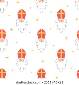 Seamless pattern with Sinterklaas or Saint Nicholas face on white background. Christmas or winter holiday wallpaper with hand drawn character. Saint Nicholas Day theme. Vector illustration.