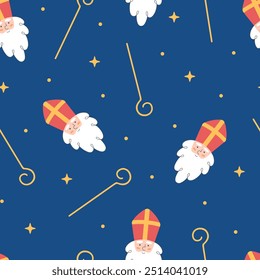 Seamless pattern with Sinterklaas or Saint Nicholas face and his staff on dark blue background. Hand drawn Christmas or winter holiday wallpaper. Saint Nicholas Day theme. Vector illustration.