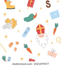 Seamless pattern with Sinterklaas or Saint Nicholas Day theme elements on white background. Hand drawn Christmas or winter holiday wallpaper. Vector illustration.