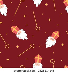 Seamless pattern with Sinterklaas or Saint Nicholas face, his staff and stars on dark red background. Hand drawn winter holiday theme wallpaper. Saint Nicholas Day. Vector illustration.