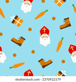 Seamless pattern with Sinterklaas or Sint-Nicolaas (Saint Nicholas), carrot, pepernoten cookies, carrot and gift boxes on blue background. Dutch holiday celebration theme. Vector cartoon illustration.