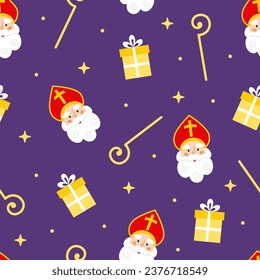 Seamless pattern with Sinterklaas or Sint-Nicolaas (Saint Nicholas), his staff and gift box on dark purple background. Belgian or Dutch holiday celebration theme. Vector cartoon illustration.