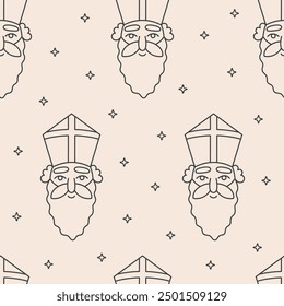 Seamless pattern with Sinterklaas or Sint-Nicolaas (Saint Nicholas) in line art style on light pastel background. Dutch holiday celebration theme. Vector minimalist illustration.