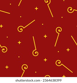 Seamless pattern with Sinterklaas's staff on red background. Sint-Nicolaas or Saint Nicholas Day wallpaper. Dutch, Belgium holiday celebration theme. Vector cartoon illustration.