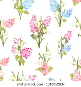 Seamless pattern of siringa and galantus flowers for fabric pattern. Vector illustration.