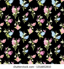 Seamless pattern of siringa and galantus flowers for fabric pattern over black background. Vector illustration.
