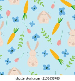 Seamless pattern with sitting bunnies, carrots and flowers.