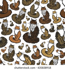 Seamless pattern with sitting cats of different sizes in a chaotic manner. Endless background for products for the pet industry.