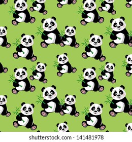 Seamless pattern with sitting cute panda and bamboo, vector illustration