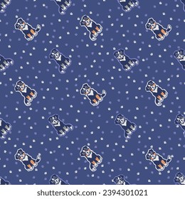 Seamless pattern of sitting cute puppy. Cartoon funny puppy on a blue background and traces of his paws. Vector illustration.
