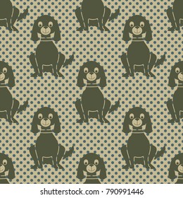 Seamless pattern with a sitting dog and polka dots in vintage style. Vector illustration.