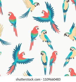 Seamless pattern of sitting and flying macaw parrots