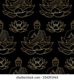 Seamless pattern of sitting Gold Buddha on Lotus isolated on black background.