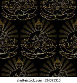 Seamless pattern of sitting Gold Buddha on Lotus with lighting isolated on black background.