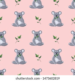 Seamless pattern of sitting koalas of gray color with sprigs on a pink background