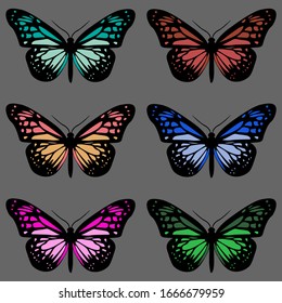 seamless pattern with six colorful butterflies on grey background